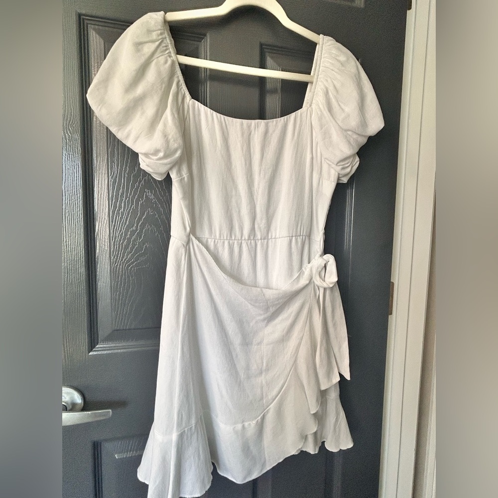 White Puff Sleeve Wrap Midi Dress
